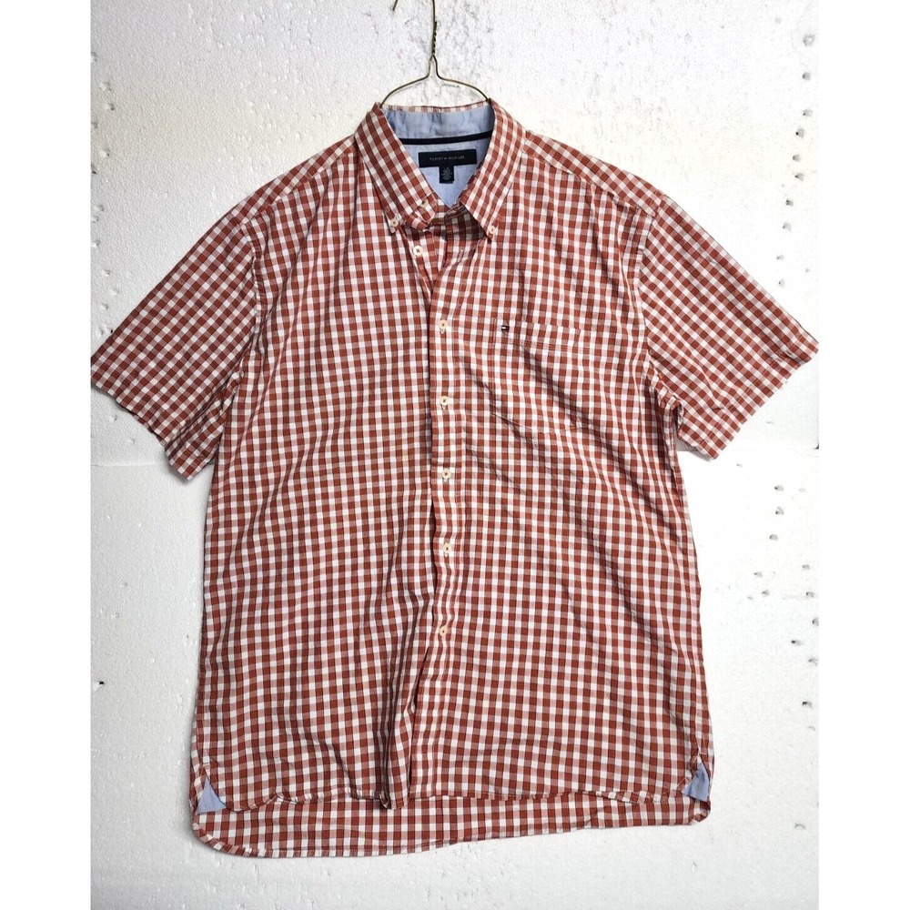 Tommy Hilfiger Shirt Men Large White Brown Plaid Casual Short Sleeve Polo